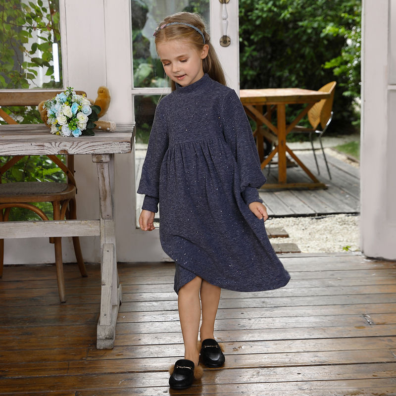Customized Girls' Dress Heavy Knit Cotton Spandex Fabric Dark Grey Toddler Dresses