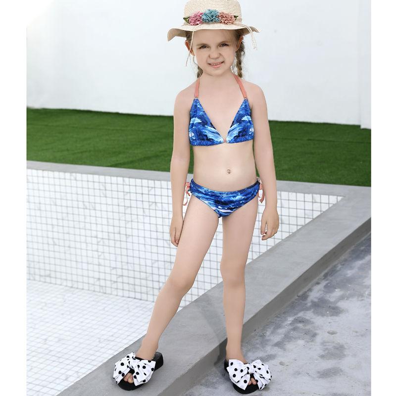 Custom Design Little Girls Blue Ocean Color Swimming Bikini Set