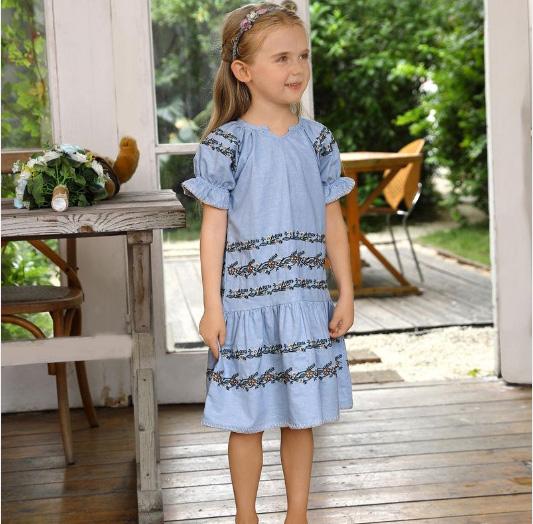 Manufacturer Girls Clothing Sets Smocked Denim Blouse & Cotton Skirt Girls