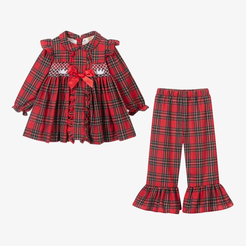 Stylish Red Plaid Christmas Little Girls Clothing Set