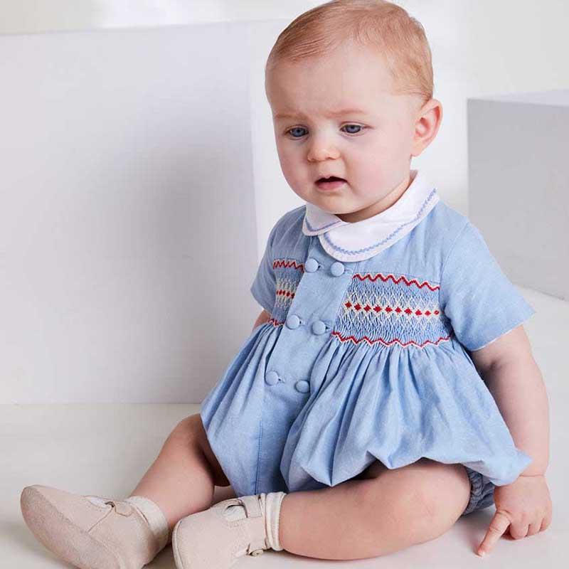 2023 Private Label Embroidery Collar Smocked Baby Bubble Rompers