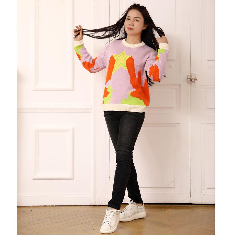OEM Lady Clothing Flat Knitting Warm Sweater Contrast Color