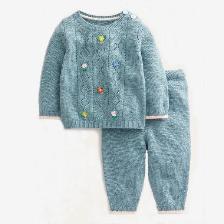 Fashion Knitted Clothing Custom Brand Logo Long Sleeve Round Neck Casual Kids Knit Sweater Suit With Embroidered Flower