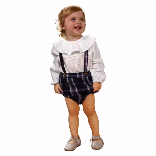 Customized Baby Clothing Sets White Shirt With Plaid Bloomer In Two Piece In Preppy Style