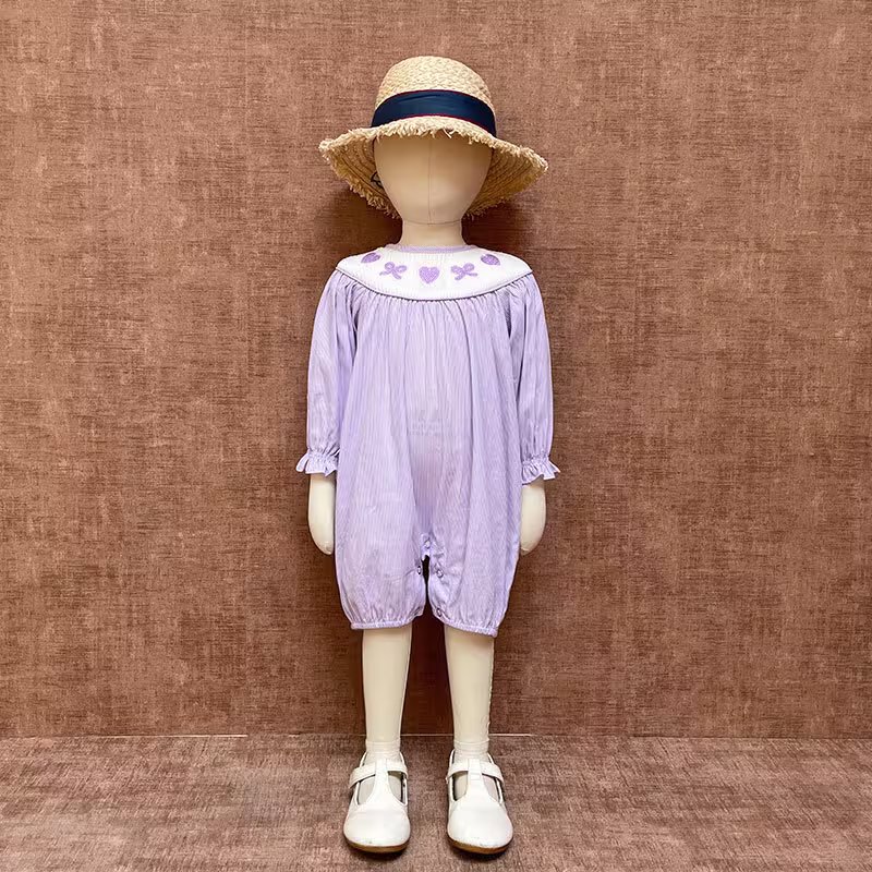 Purple Toddler Girls Jumpsuit Embroidery Bowknot Custom Print Kids Infant Baby Romper With Ruffle Sleeve For 0-12Month