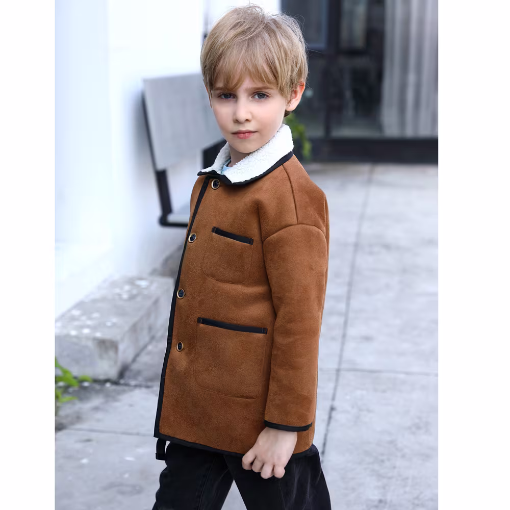 Guangzhou supplier winter suede boy coat with polyester sherpa fleece lining with pockets in front