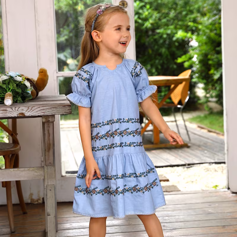 cotton linen blend embroidery summer girl dress with blanket stitch