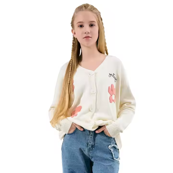 Customizable Wool Cardigan for Kids Puff Sleeve Baby Sweater with Print Decoration Plus Size for Autumn Winter Seasons for Girls