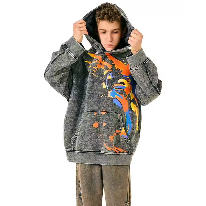 Unisex Smart Casual Fall Winter Hoodie for Baby Puffer Cotton and Polyester Fabric Washed and Printed Hooded Collar