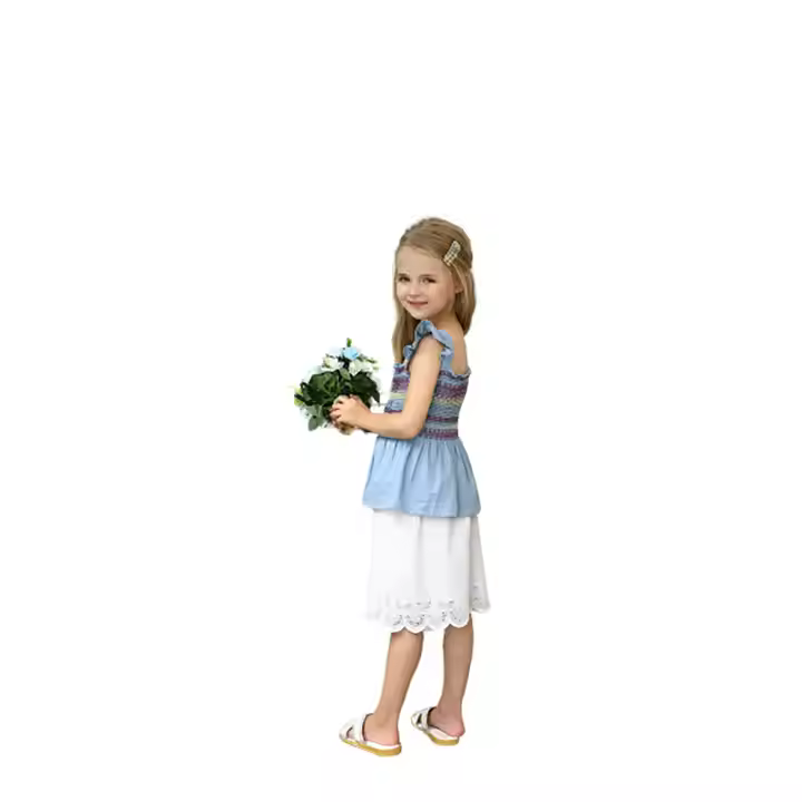 2025 2025 Guangzhou Manufacturer girls clothing sets smock denim sleeveless blouse and 100% cotton skirt girls boutique clothing sets 2025