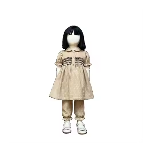 Customized children kids toddler clothes set summer embroidery handmade smocking shape collar short sleeves girls suits