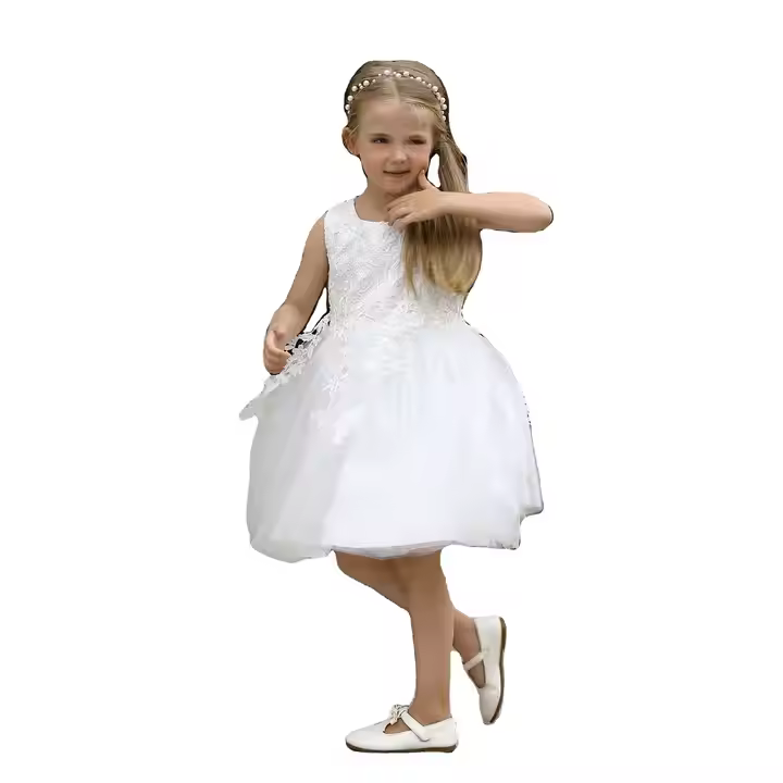 Guangzhou Factory sleeveless flower girls tutu dress embroidered mesh white princess dress christmas dress for kids