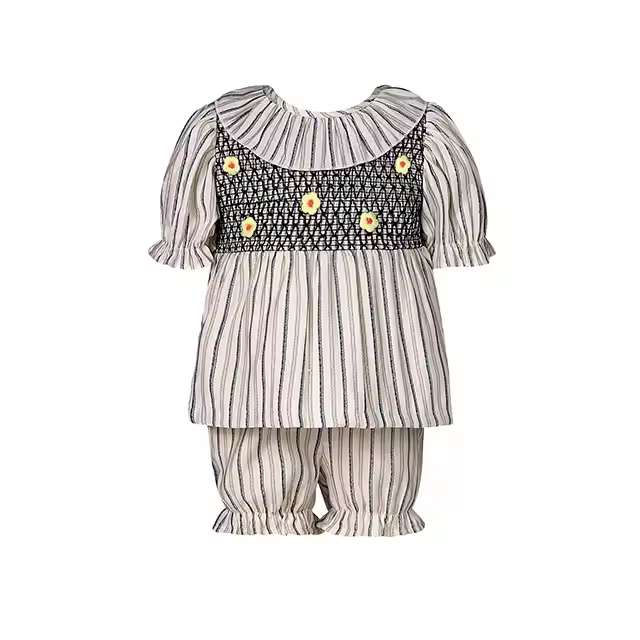 New arrival baby children kids toddler clothes summer stripes flower embroidery o-neck collar short sleeved shorts girls suits