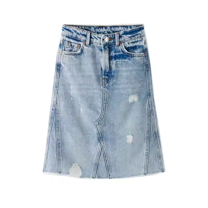 High Waist long jeans skirt girls casual tassel Ripped denim skirts