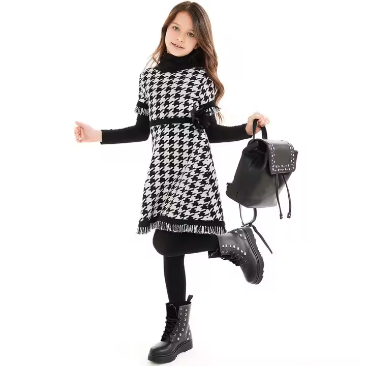 Classical brand boutique houndstooth print 8 year girl kids dress form girls autumn dress with tassel