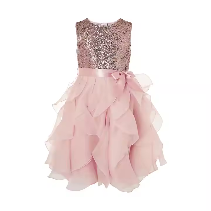 Hot Sale Sequined Bow Girl Dress Elegant O-Neck Summer Evening Dress for 6-12Years Old for Kid Birthday Parties