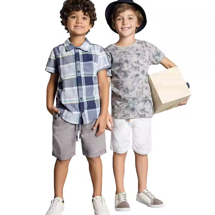 Factory wholesale high quality casual children's clothing short sleeve cotton grid printed summer kids boys t shirt with buttons