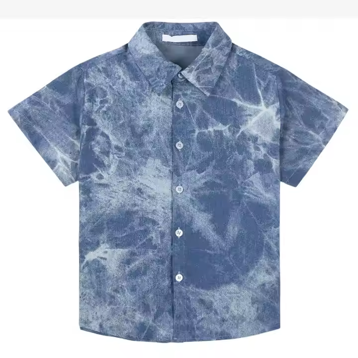 Custom short sleeve kids button down denim shirts acid wash light blue casual new arrival style boys denim shirts