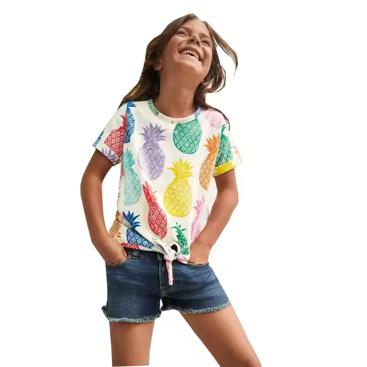 ODM Allover Pineapple Printing Short Sleeve Summer Girls Kids Tops T Shirt Girls T Shirt With Bow At Bottom