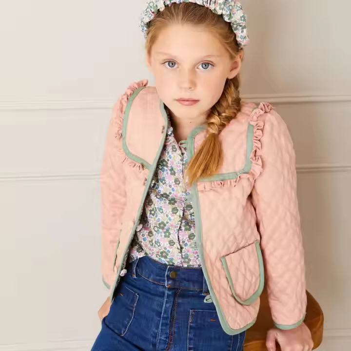 Quilted Winter Jacket for Young Girls Solid Pattern Cotton Filled Kids Costume Jacket with Zipper Closure