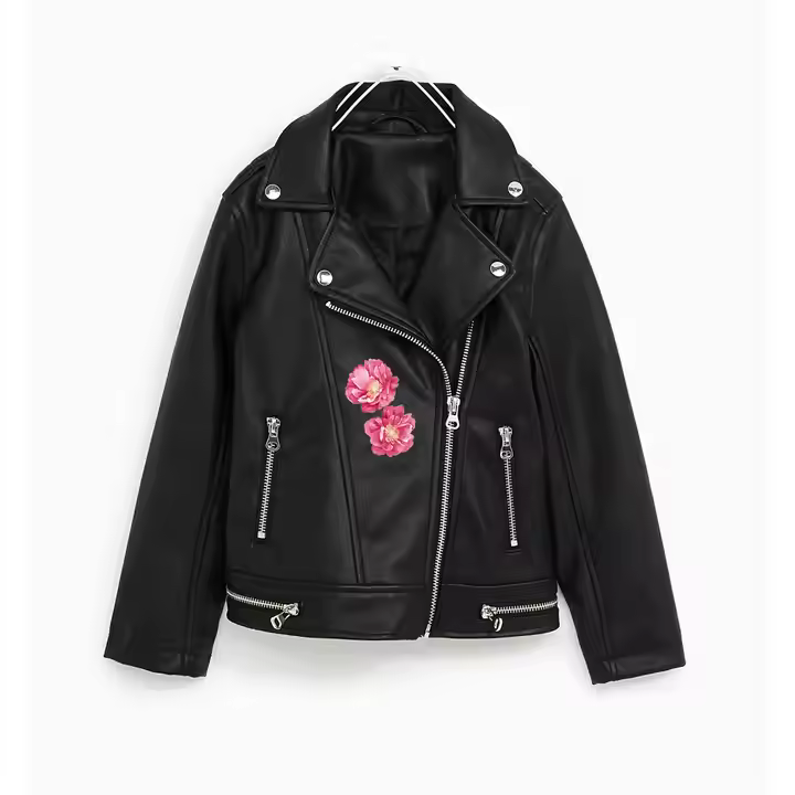 fashion cutting kids black leather jackets for girls