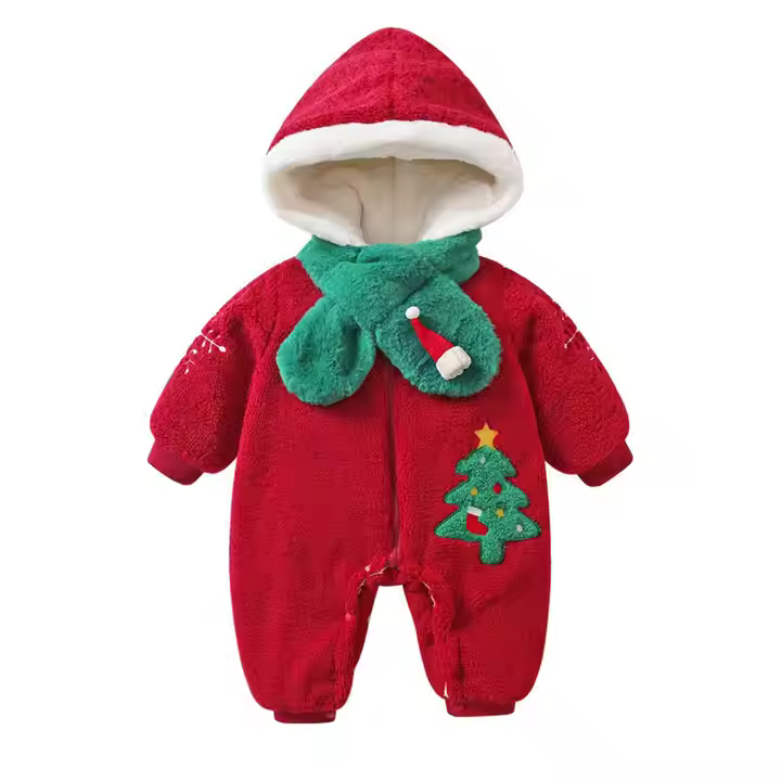Custom Organic Cotton Baby Clothes Thicken Infant Winter Embroidery Kids Bodysuit Hooded Zipper Christmas Baby Fleece Rompers