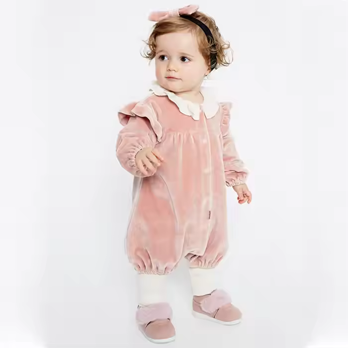 2021new Arrival Cute Velvet Ruffles Collar Long Sleeve Baby Girls Romper Boutique Elastic Trousers Autumn Winter Romper