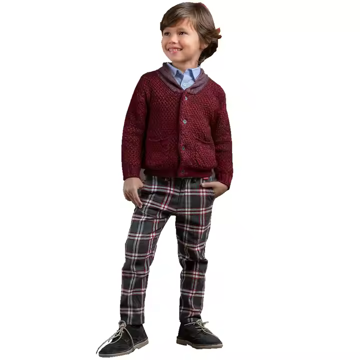 Customized Brand Italian Style Boy Shirt With Plaid Pant Matching Cardigan 3 Pcs Kids Baby Clothing Set