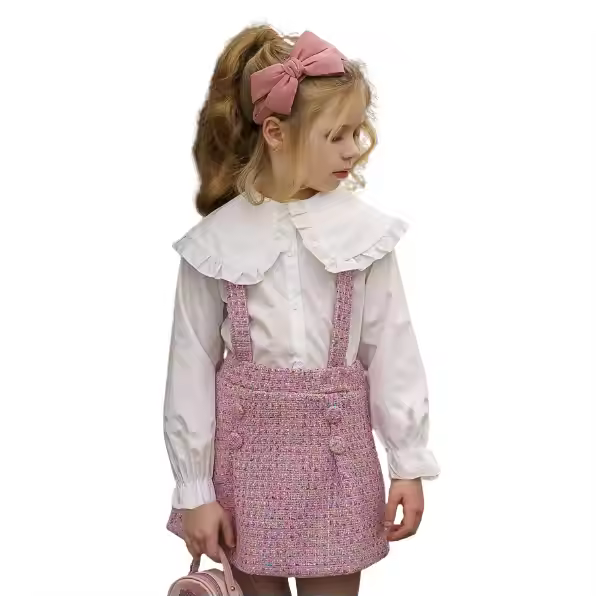 Custom Fashion White Blouse Shirt With pink Tweed Girls' Overall Skirts Outfits Vintage Classy Child Children Clothes Set