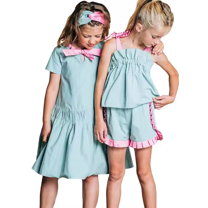 Factory Custom Design Blue pink Color Casual Dress and Kid Child Girl 2pcs Matching Clothing Set Summer Simple Girl Clothing Set