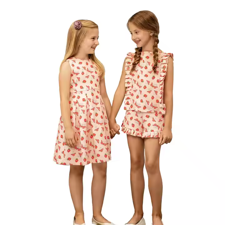Custom Oem Kids Children Clothing Manufacturer Sleeveless Two Pieces Summer Fashion Flower Printing Design Girls Clothing Set