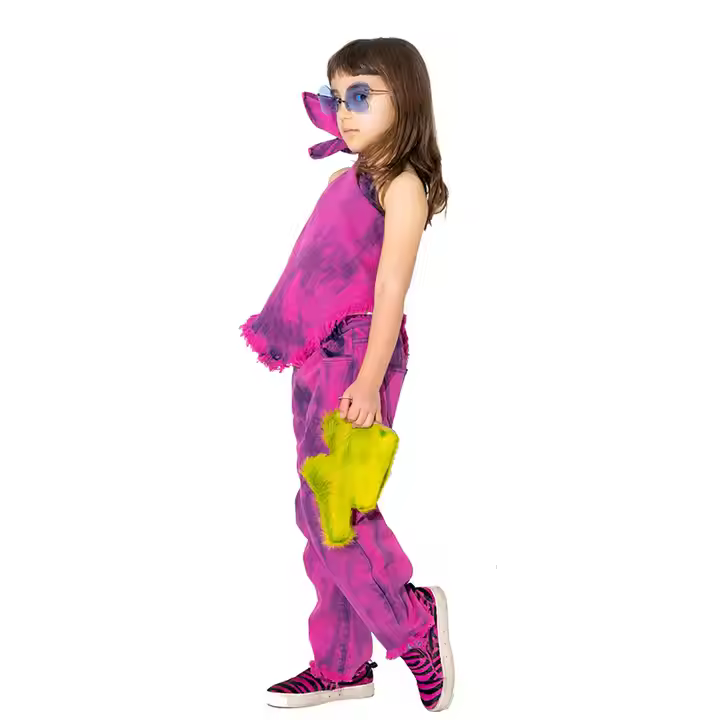 OEM Girl Jeans Kids Pants Wholesale Children Jeans Distressed Wash Hot Pink Color Denim Trousers Jeans for Girl Kids