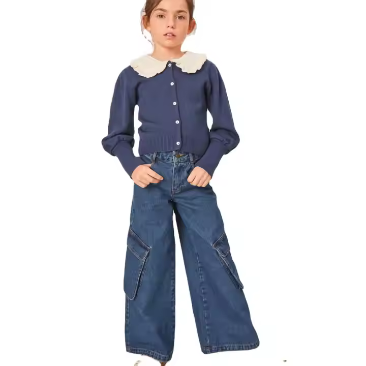 Custom Kids Jeans for Girls Straight Style With Washed Technics