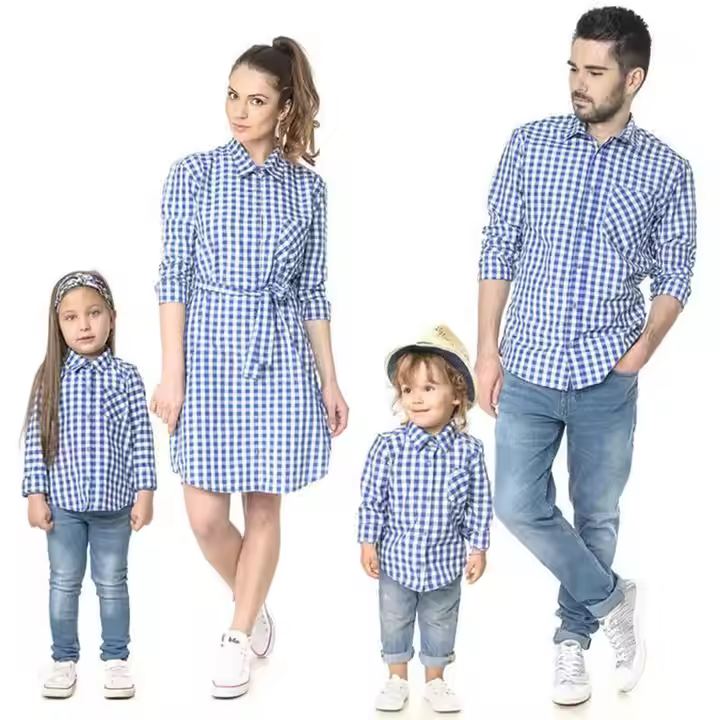 2025 New Product Summer Family Matching Clothing Parent-child Clothing Plaid Check Long Shirt