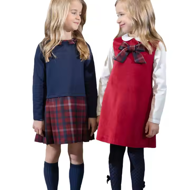 Best Selling Custom Fashion Classic School Uniform Long Sleeve Girl Dress Comfortable Plaid Kids Clothes Girls Dresses With Bow