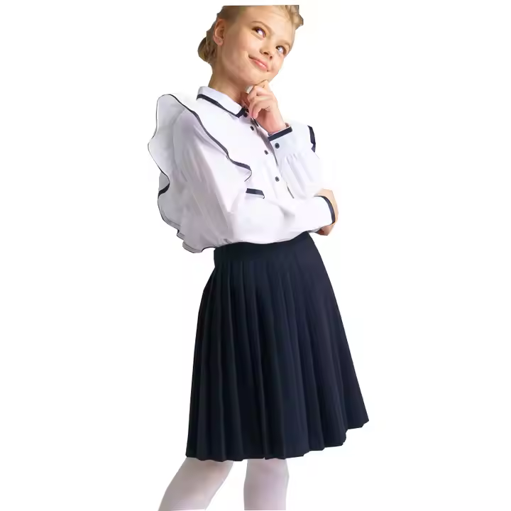 Custom Navy Pleat Girls School Uniform Skirt and White Shirt Spring Primary School Student Uniform Kids