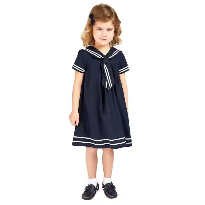 Custom Navy Blue or White Cotton Little Kids Girls Summer Sailor Dress Preppy JK Style Kindergarten Uniforms Dress Kids