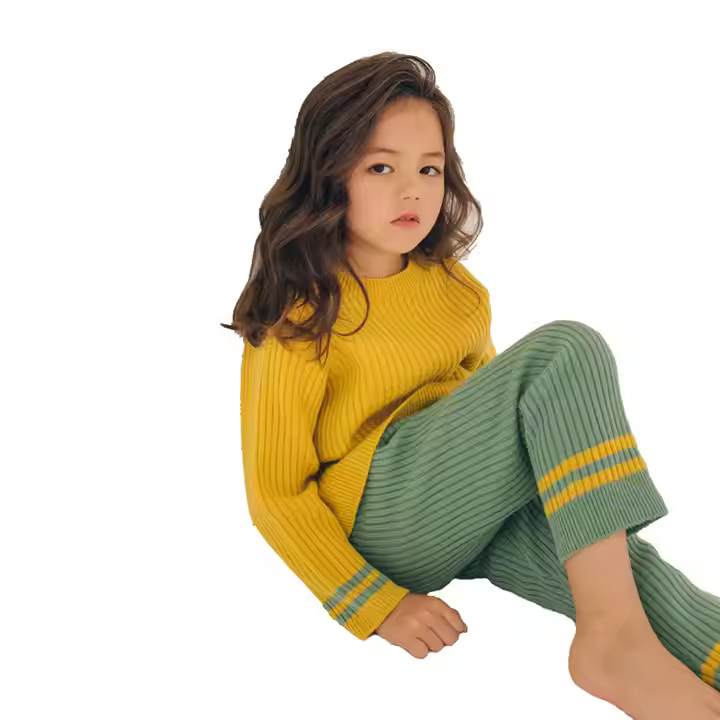 Customized Label Ribbed Cotton Knit Sweater and Pants Set for Young Girls