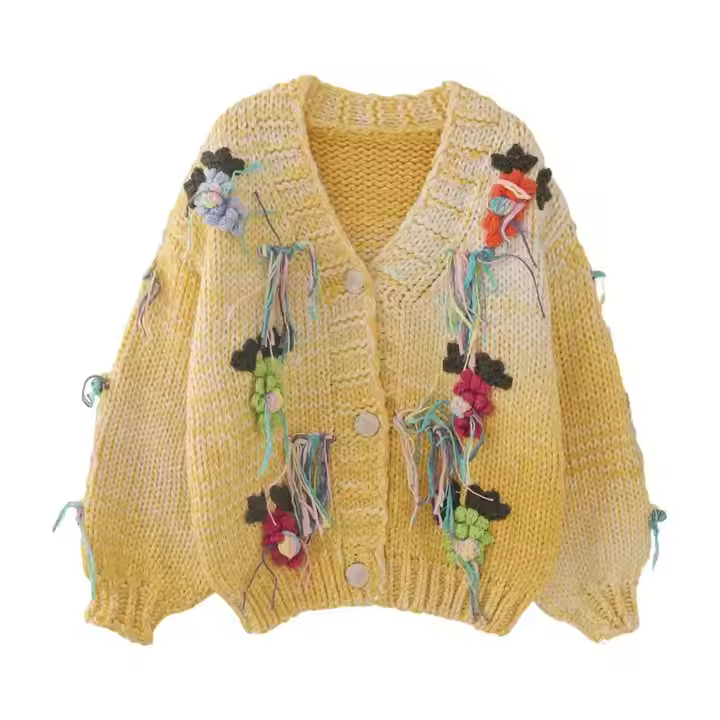 2025 Girl Baby Fashion Flower Decoration Handmade Knitted Cardigan Casual Sweater Customizable