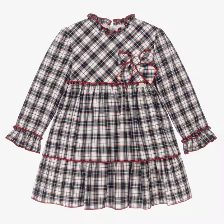 Custom Cotton Gingham Baby Girl Dresses Long Sleeve Red Blue Plaid Boutique Children Frock Knee-Length Clothing Kids Autumn