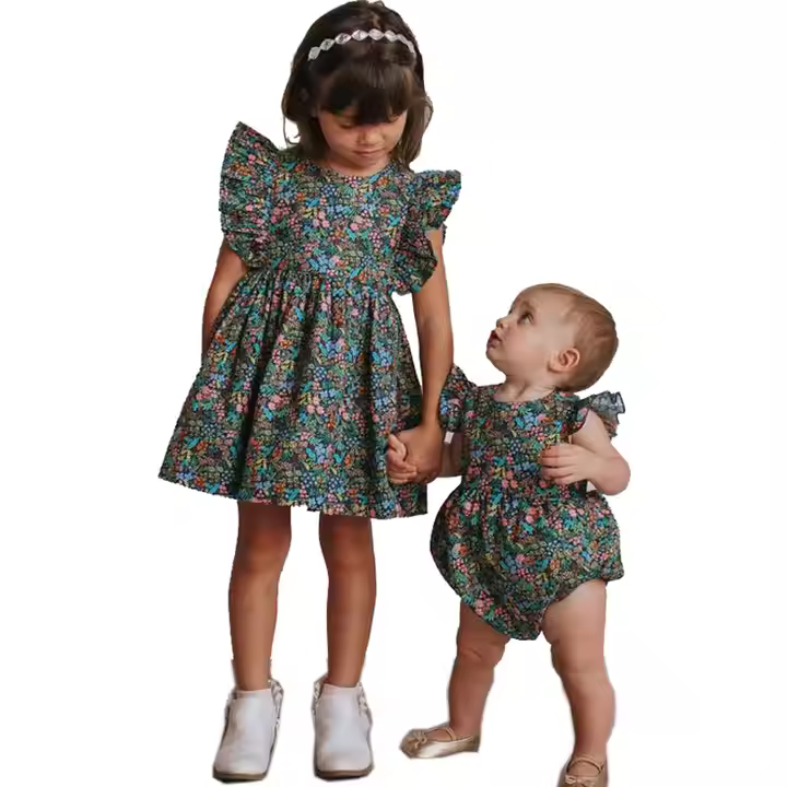 Toddler Pretty Dresses for Spring Summer Customized Cotton Floral Design Family Matching Children Clothing Toddler Dresses