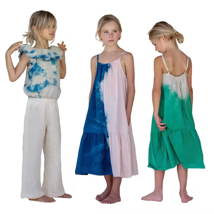 OEM & ODM Manufacturer Stylish Custom Summer Tie Dye Ruffled Collar Shirt and slip Dress Kids Clothes Matching Girls' Dresses