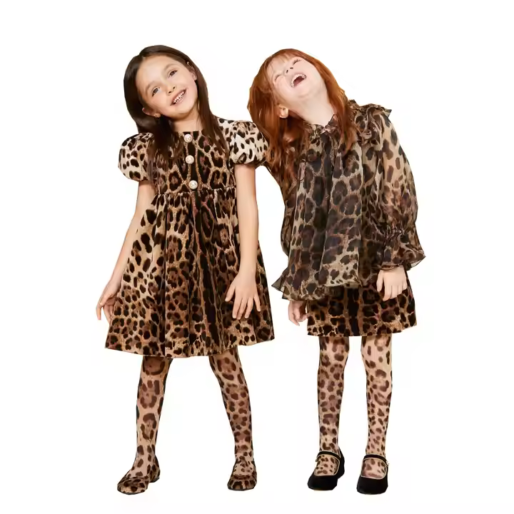 Customized Private Label Brand European Fashion Allover Leopard Print Puffy Sleeve Kids Clothes Girls Dresses Girls Dresses Kids
