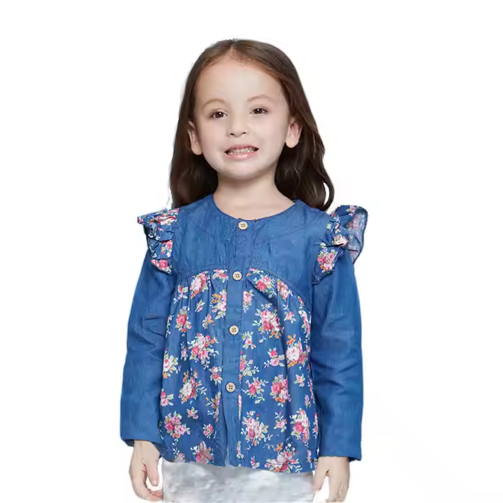 Long Sleeve Denim Printing Blouse Kids Clothes for Little Girl