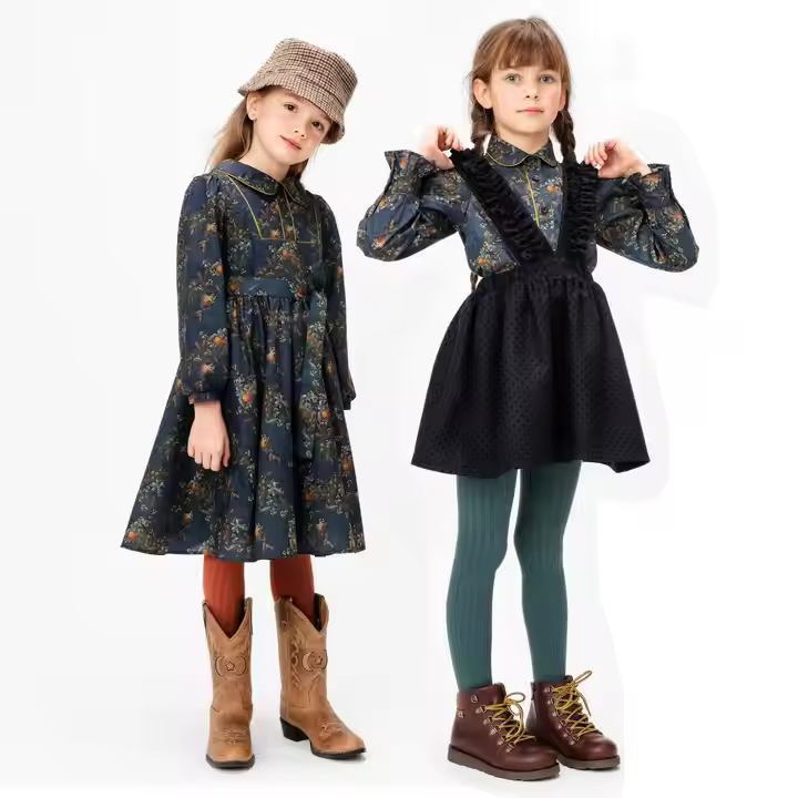Guangzhou Private Label Girls Blouses & Shirts Allover Cotton Print Dresses for Sisters for Ages 6-14 Years for Autumn & Winter