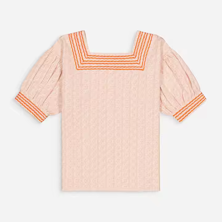 Breathable Cotton Linen Special Textured Kids Tops Square Collar Short Sleeve Blouses&shirts for Girls