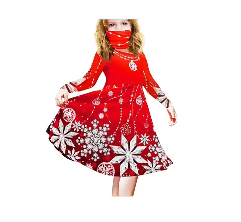 Hot Selling Kids Clothing Long Sleeve Baby Girl Dresses in White Red for Children Christmas Snowflake Printing O-Neck Collar