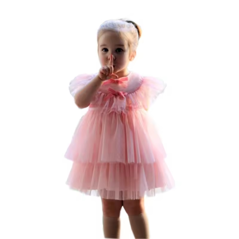 Fashion Seersucker Baby Dress Custom Brand Birthday Gift Lovely pink Tulle Kids Dress Baby Tutu