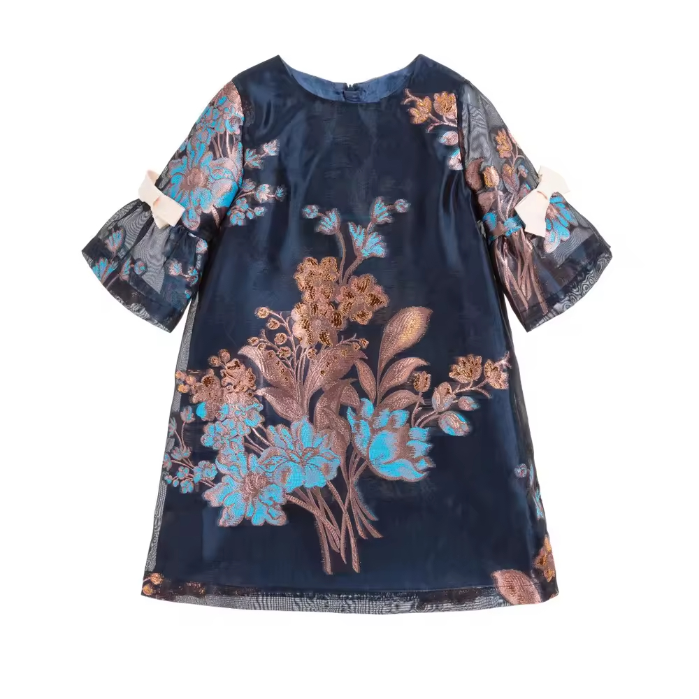 Children's Fashion Jacquard Lace Dress Chinese Style Girls Clothing Made of Satin Kid's Apparel