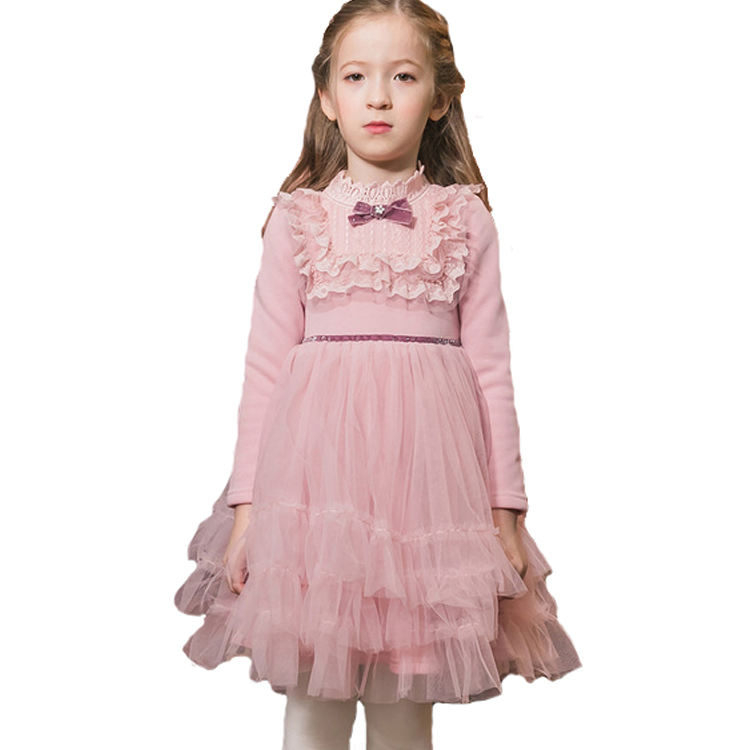 New Style High Quality Fashion Pink Cute Girls Baby Party Dresses Sweet Winter Long Sleeve Lace Tulle Baby Girl Child Dress